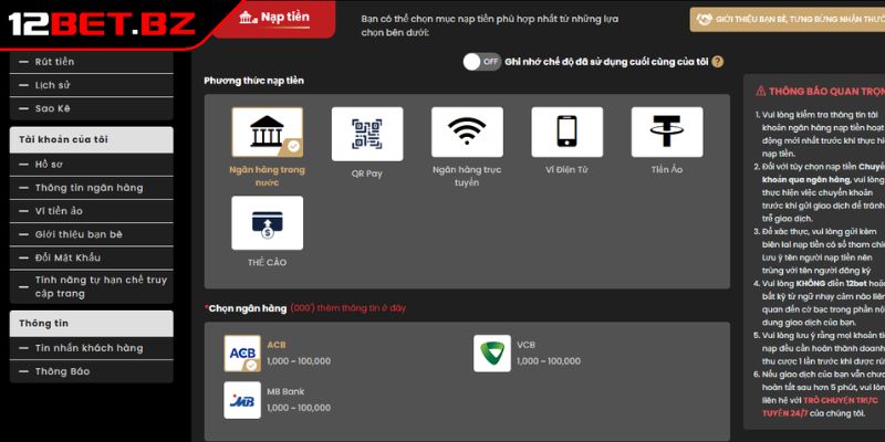Nạp Và Rút Tiền 12bet 1 Các phương thức nạp tiền